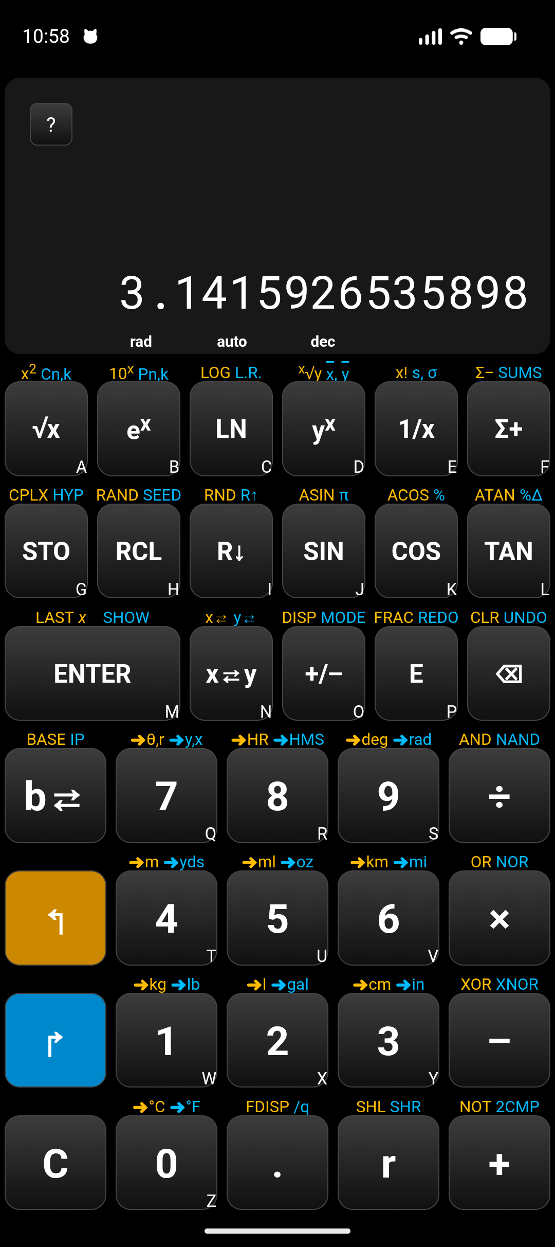 RPN9 on an Android phone: pi on the display, above the keyboard with the shifted functions over each key
